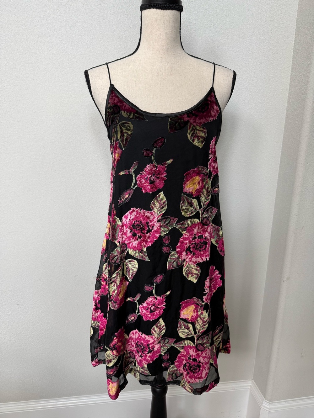 Francesca’s Floral Burnout Velvet Slip Dress - Black with Pink Roses